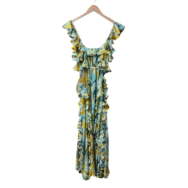 MISA Los Angeles Alessandra Sleeveless Ruffle Midi Dress Blue Yellow Medium - Image 3