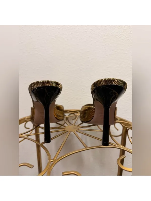 SCHUTZ Metallic Gold Open-Toe Mule Cloe Stiletto Square  Heel Size 5.5 - Image 3