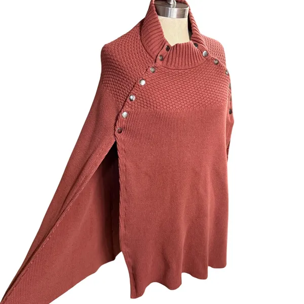 GILI M/L Cape Sweater Terracotta Orange Mock Neck Snap Button Poncho Fall‎ Cozy - Image 2