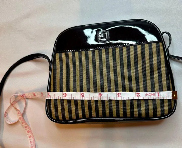 Designer Originals Vintage Fendi-Inspired Black/Tan Striped Neoprene Pequin Crossbody Purse - Image 10