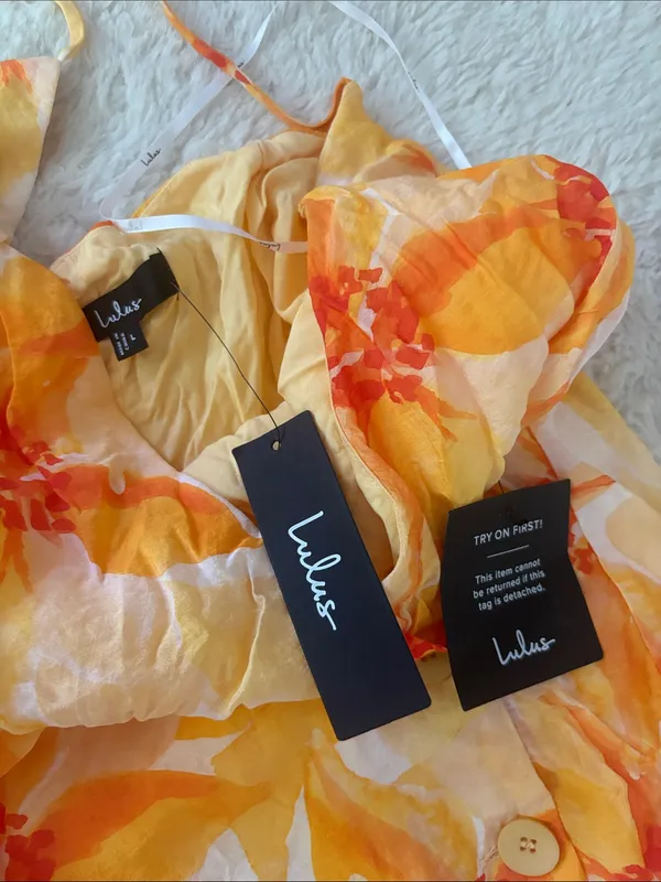 Lulus Prue Orange Floral Halter Mini Dress Size large Sleeveless V Neck Vacation - Image 7
