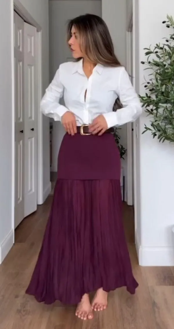 NWT ZARA WOMAN HIGH-WAIST COMBINED PLEATED KNIT SKIRT in BURGUNDY. Size Medium - Image 4