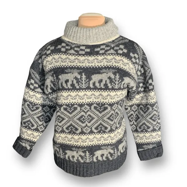 Vintage 90s Eddie Bauer Gray Black Moose‎ Nordic Fair Isle Turtleneck Sweater - Image 11