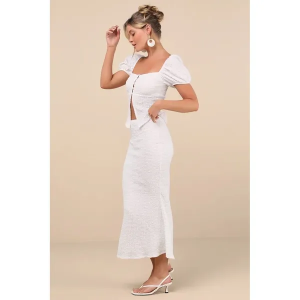 New Lulus Esma White Textured Knit Puff Sleeve Two-Piece‎ Midi Dress Sz Small - Image 2