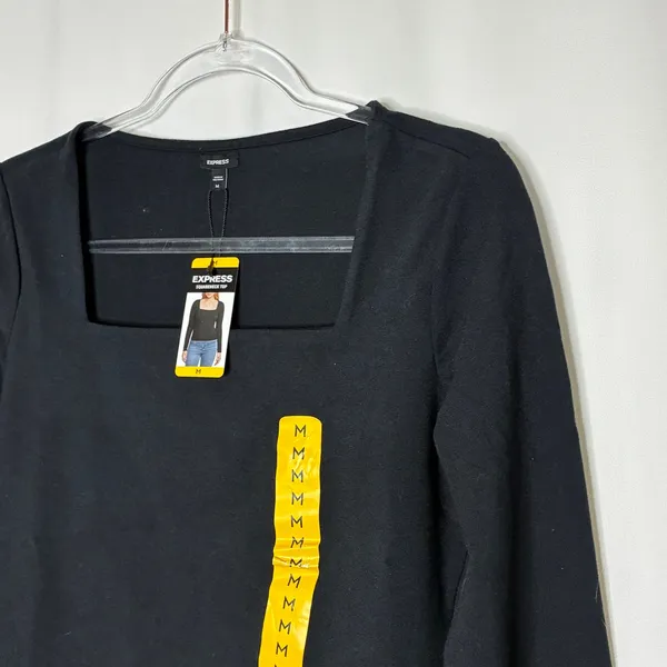Express Black Square Neck Long Sleeve Tee Shirt Cotton Blend NWT Womens Medium - Image 2