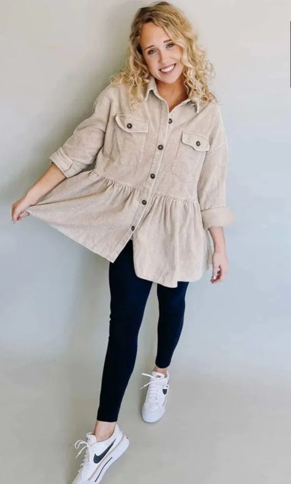 NEW Tan Corduroy Babydoll Peplum Skirt Button Front Jacket - Image 2