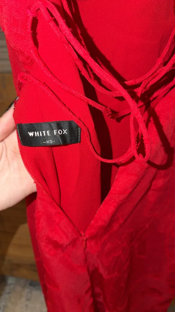 WHITE FOX XS Red Satin Jacquard Spaghetti Strap Maxi Dress Lace-Up Ruched - Image 3