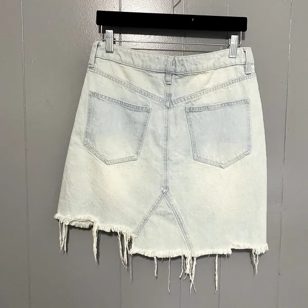 Free People Light Wash Going Rogue Distressed Raw Hem Denim Mini Skirt 27 - Image 2