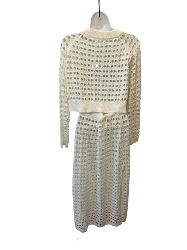 Boutique Crochet Knit Crop Top LS & Midi Pencil Skirt Ivory Open Weave Set Small - Image 5