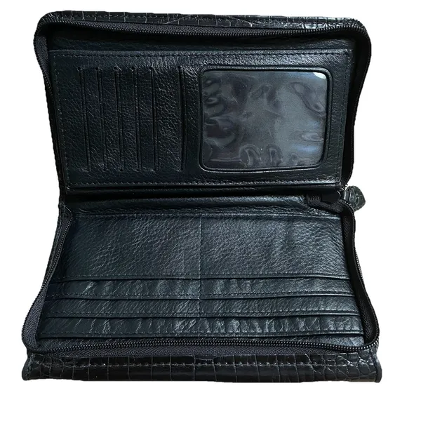 BRIGHTON Zip Around Glossy Black Croc‎ Leather Clutch Wallet - Image 9