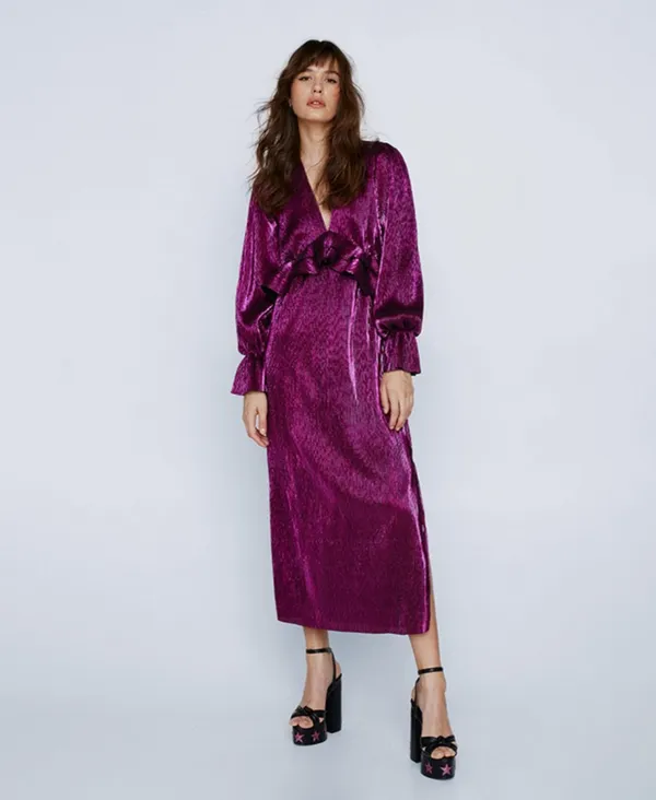 Nasty Gal Metallic Pleated Pink/Purple Maxi Dress - Image 4