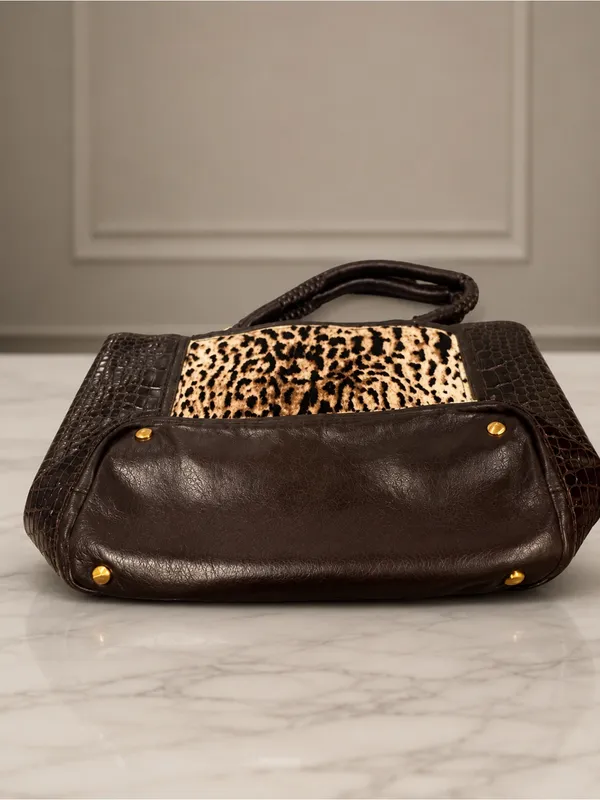 Ellie Tahari Black Pebbled Leather Toto Leopard Design Calf Hair Used ONCE EUC - Image 4