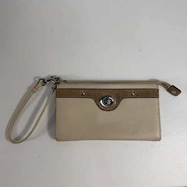 Coach Wristlet Wallet Turnlock Snakeskin Trim‎ Leather Beige ID Pockets NO FOB - Image 2