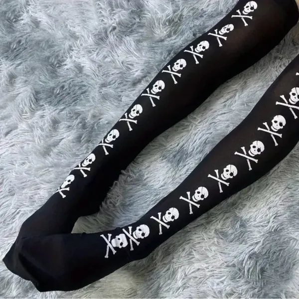 Skull Print Thigh High Socks, Cosplay Over The Knee Socks One‎ Size - Image 9