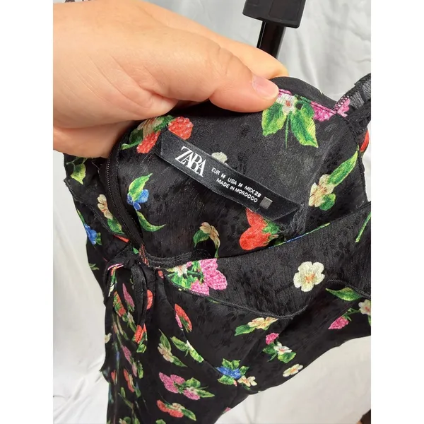 Zara Women Black Berry Floral Print Jacquard Mini Dress Ruffle Tie Front Size M - Image 7