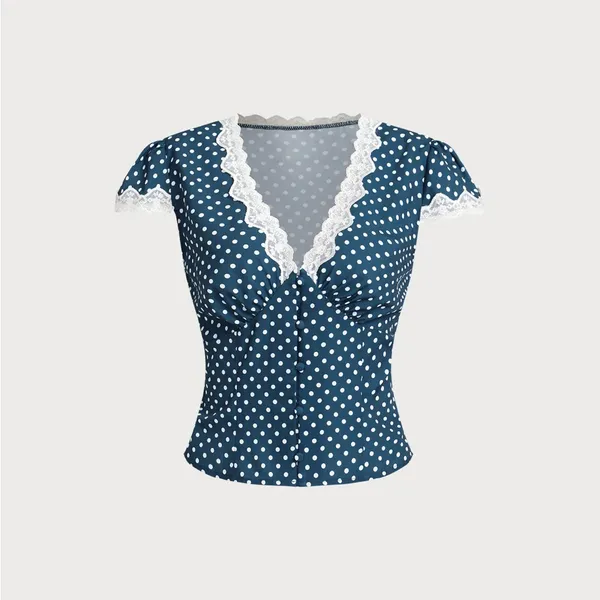 Rihoas Blue Polka Dot Lace Trim Blouse - Image 6