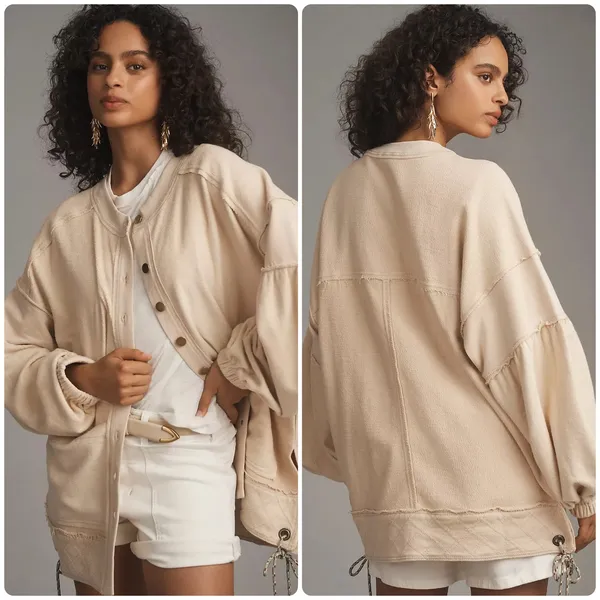 Pilcro Anthropologie Womens Beige Quilted Raw Hem Boho Button Front Shacket S - Image 2
