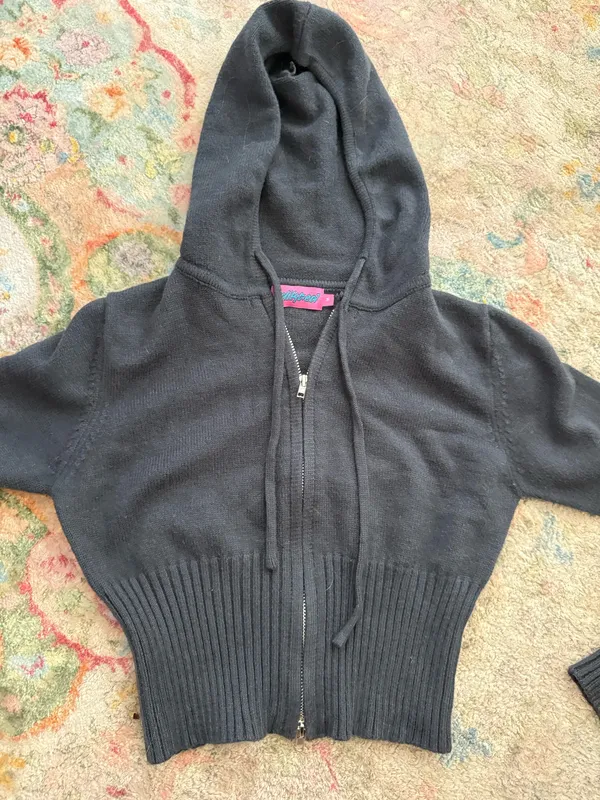 Edikted Charcoal Grey Knit Hoodie Top - Image 2