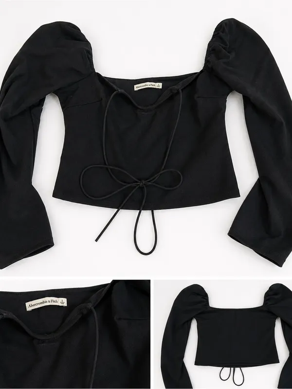 Abercrombie & Fitch Black Puff Sleeve Tie Front Top | Romantic Going Out Blouse - Image 2