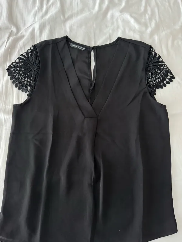 Black V-Neck Blouse With Lace Cap Sleeves - Image 2