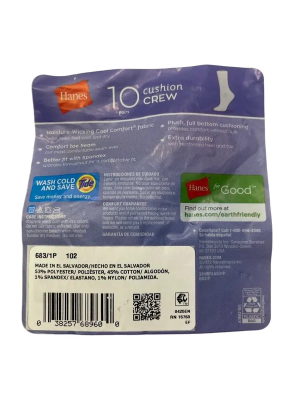 Hanes Womens Full Sole Cushion Crew Socks Extended Size 8-12 8 Pairs White/Gray - Image 3