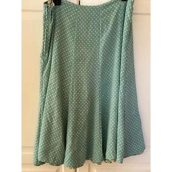 Reversible Floral and Polka Dot Midi Skirt Sage Green Yellow A-Line Side Zip - Image 5