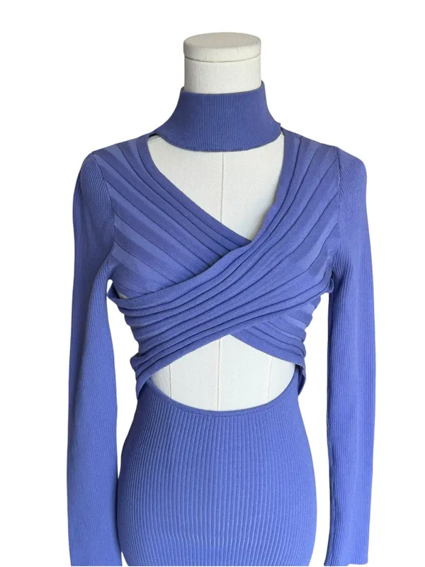 AKIRA - The Good One Cutout Cross Front Ribbed Sweater Mini Dress Purple Sz M - Image 4