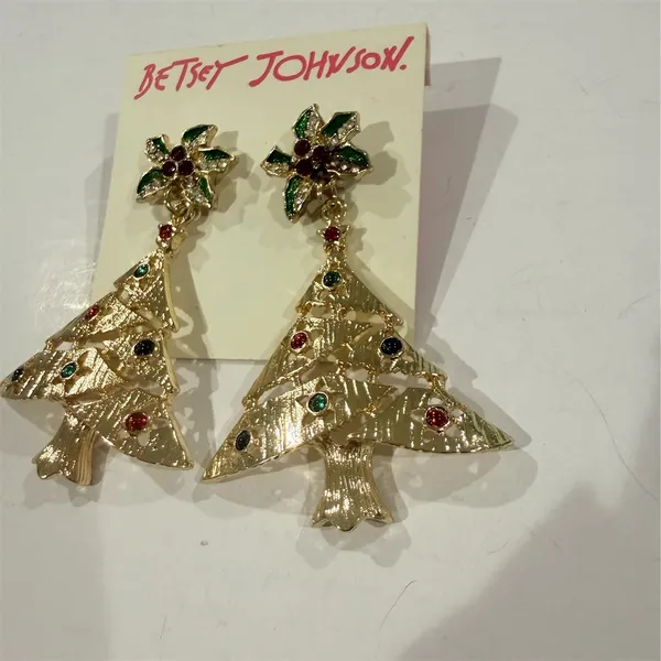 Cute Betsey Johnson Christmas Tree Drop Dangle Earrings Gold Red Green Crystal - Image 2