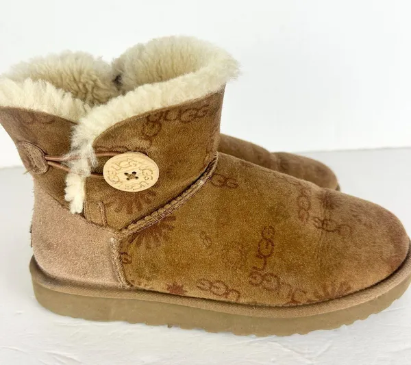 Ugg Mini Bailey Button Boot Womens Size 8 Logo Spellout Brown Monogram - Image 2