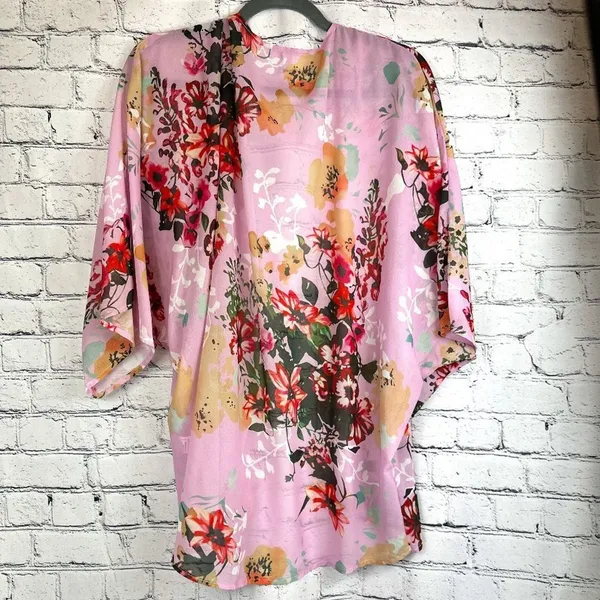 Women's Batwing Floral Chiffon Kimono Beachwear Cover Up Pink L - Image 10
