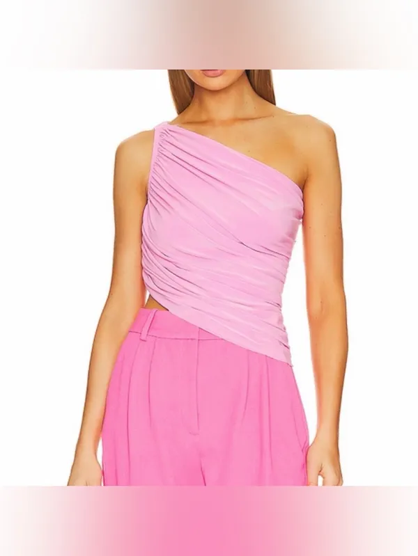 Norma Kamali Diana One Shoulder Draped Ruched Tank Crop Top Pink Size Large - Image 2