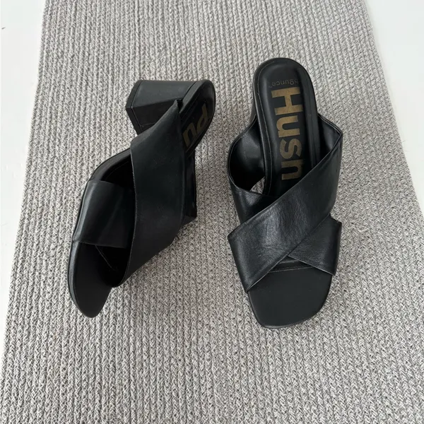 Hush Puppies Ella Black Leather Sculptural High Heel Slides Sandals Sz 9 41 - Image 12