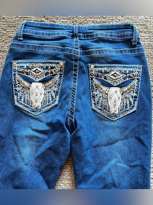 Y2K Western mid rise Leather bull Embellished Dark Blue Jeans - Image 2