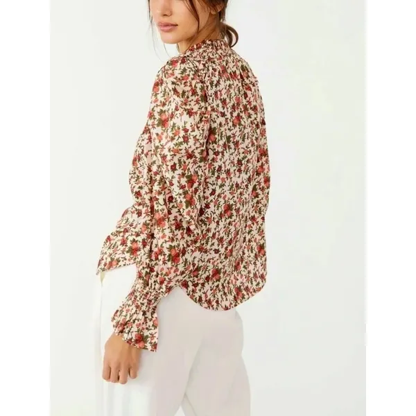 FREE PEOPLE Meant To‎ Be Blouse Floral Vintage Combo Ruffled Smocked Small - Image 8