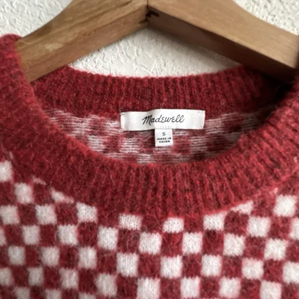 Madewell Checkerboard Jacquard Pullover Sweater S Alpaca Boxy Scarlet - Image 3
