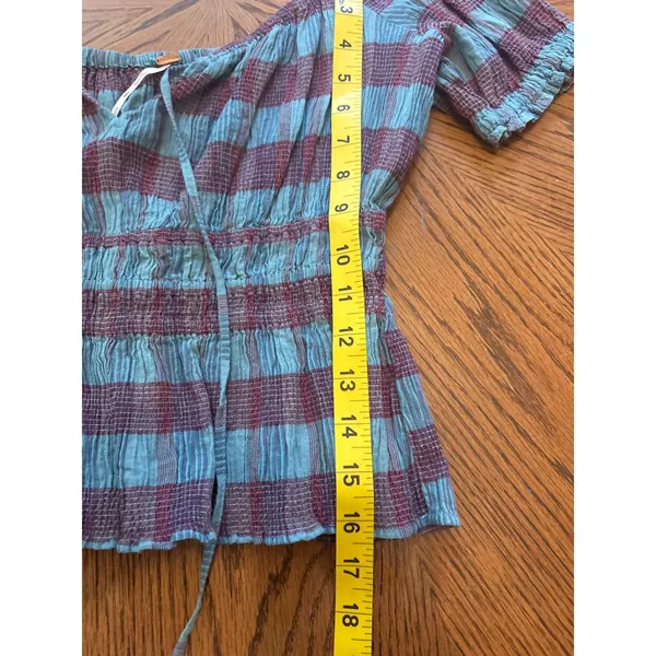 Free‎ People Turquoise Burgundy Plaid Smocked Off Shoulder Peplum Top XS - Image 7
