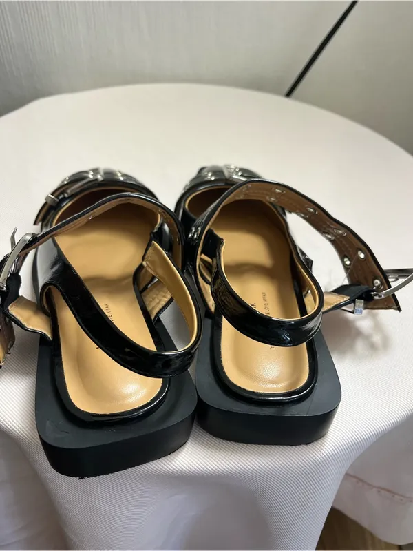 Black Patent Pointed Slingback Mules with Buckle Straps - Image 4