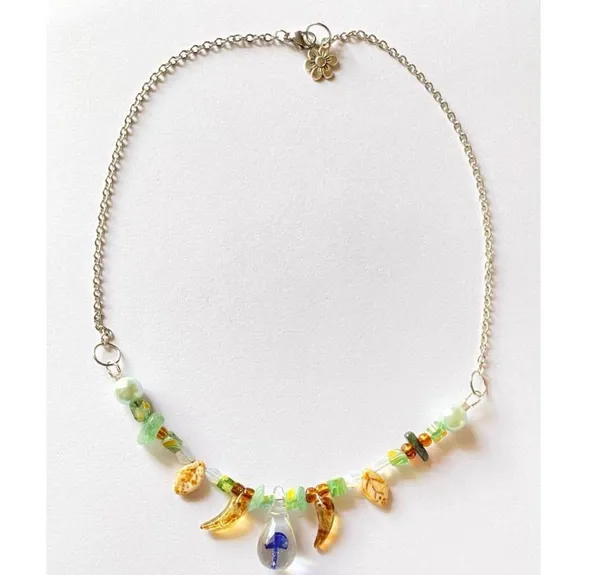 Handmade unique fairy nature boho vintage style quality Czech glass beads mix mushroom pendant necklace💚🍄🐞 - Image 3