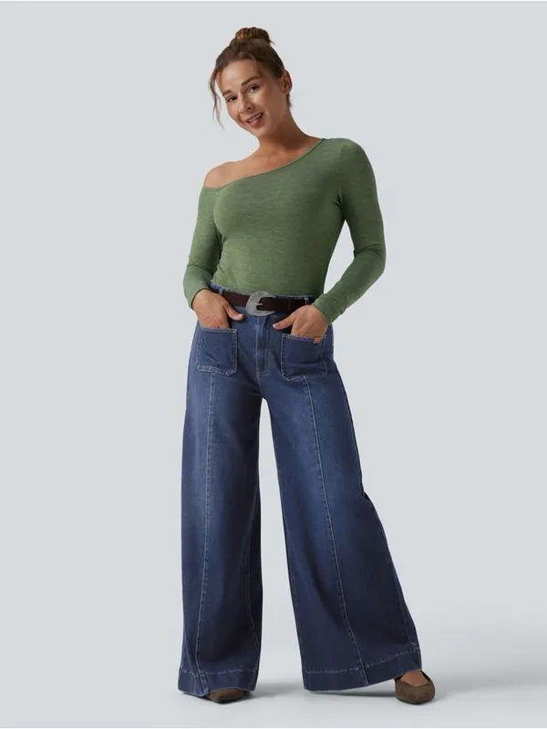 NEW Halara Flex High Waisted Pockets Washed Casual Wide Leg Jeans Size M - Image 3