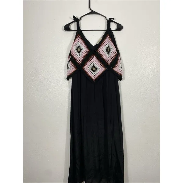 REBELLION Crochet Geometric Maxi Dress Sleeveless Black Pink Size M - Image 2