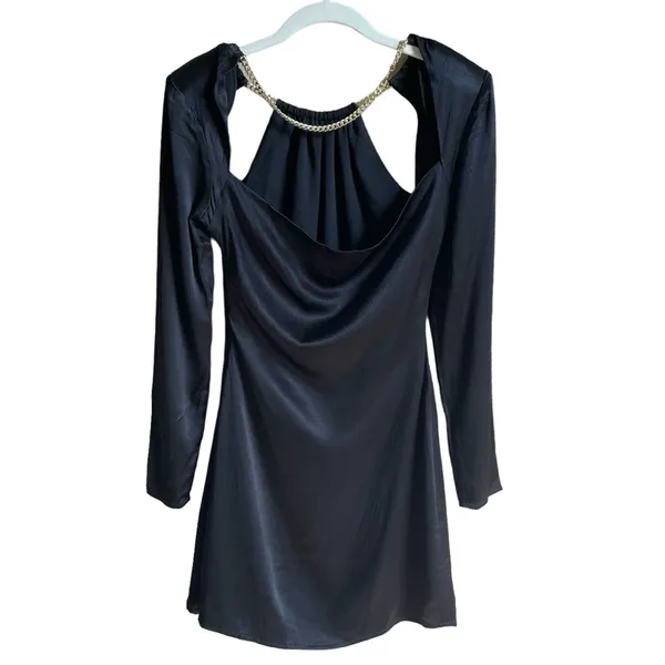 Astr Carina Satin Chain Link Long Sleeve Mini Dress Black Size XS Party Cutout - Image 4