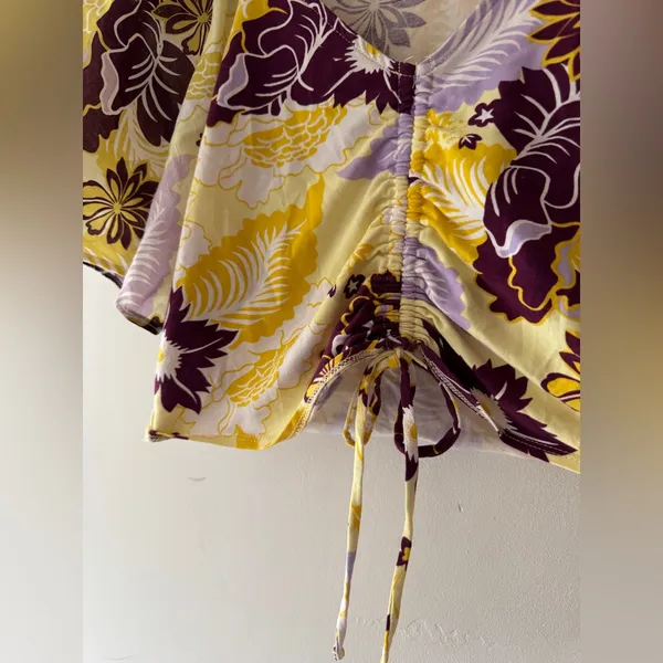 Anthropologie Maeve Cinched Yellow Floral Flutter Sleeve Tie Top‎ Blouse - Image 7