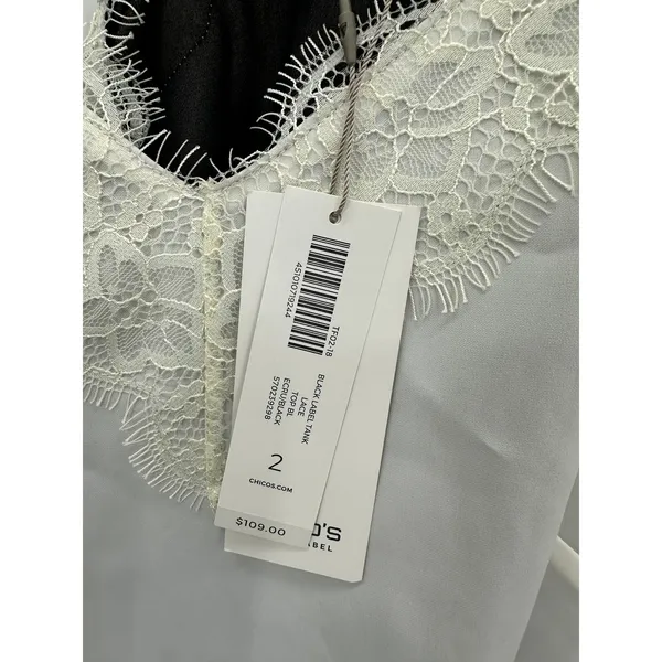 Chicos Black Label Lace Trim V-Neck‎ Tank Top Ecru Black Large 2 570239298 - Image 7