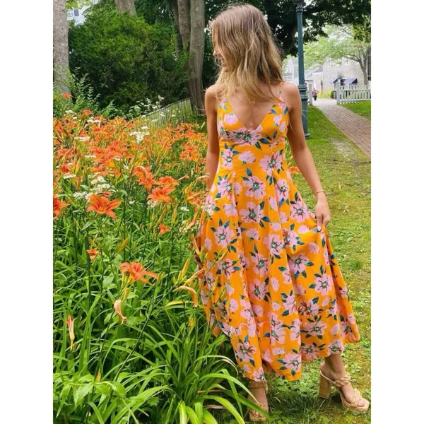 Free People Finer Things Printed Halter Midi Dress Sunshine Combo Medium - Image 3