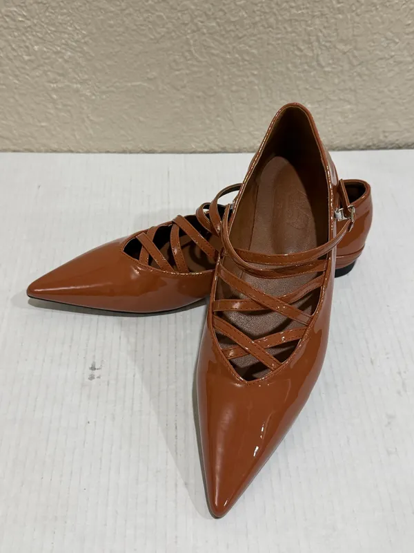 Women’s Pointed Toe Mary Jane Flats Brown Patent Crisscross Strappy Size 41 - Image 17