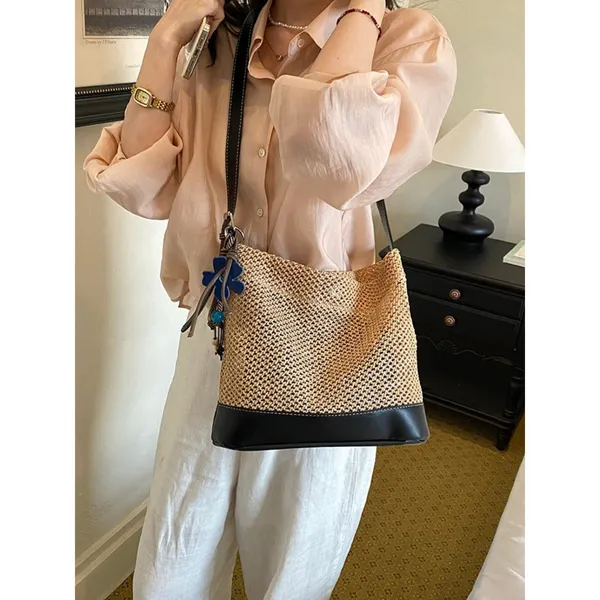 Chic Carryalls Leather Trim Woven Shoulder Bag - Image 5
