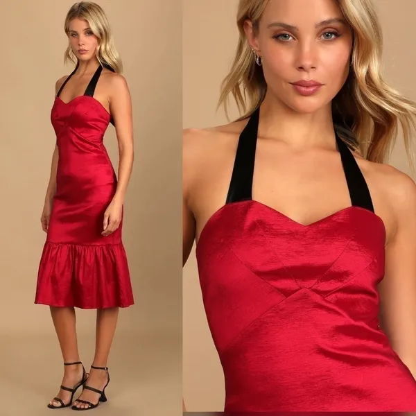 NWT Lulus Bursting With Beauty Halter Trumpet Midi Dress‎ in Berry Red Size M - Image 3