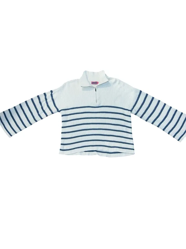 Edikted 1/4 Zip oversized Ribbed Sweater White with Navy Stripes Nautical cotton - Image 4