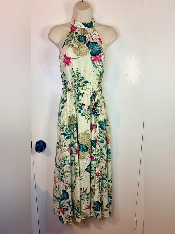 SHEIN XS 2 Tropical Floral Halter Maxi Dress Cream Green Pink Viscose Belted - Image 2