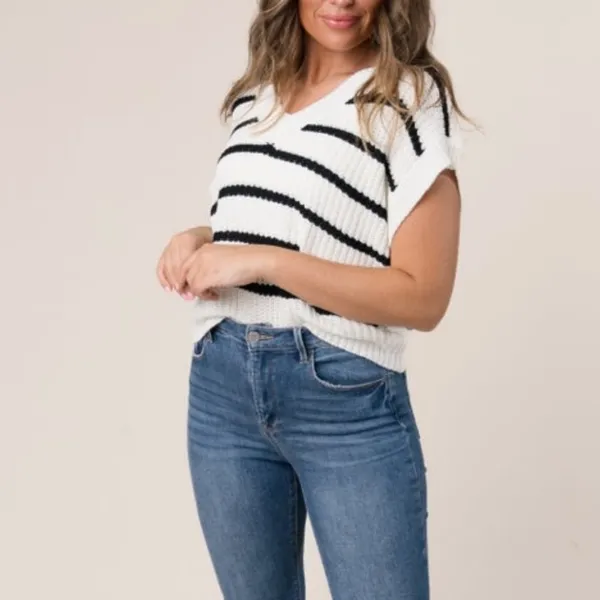 Entro Large Stripe Knit Cap Short Sleeve Sweater Top‎ - Image 3